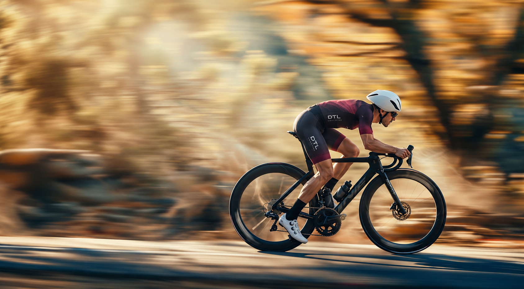 Cyclist wearing burgundy DTL kit on an autumn road