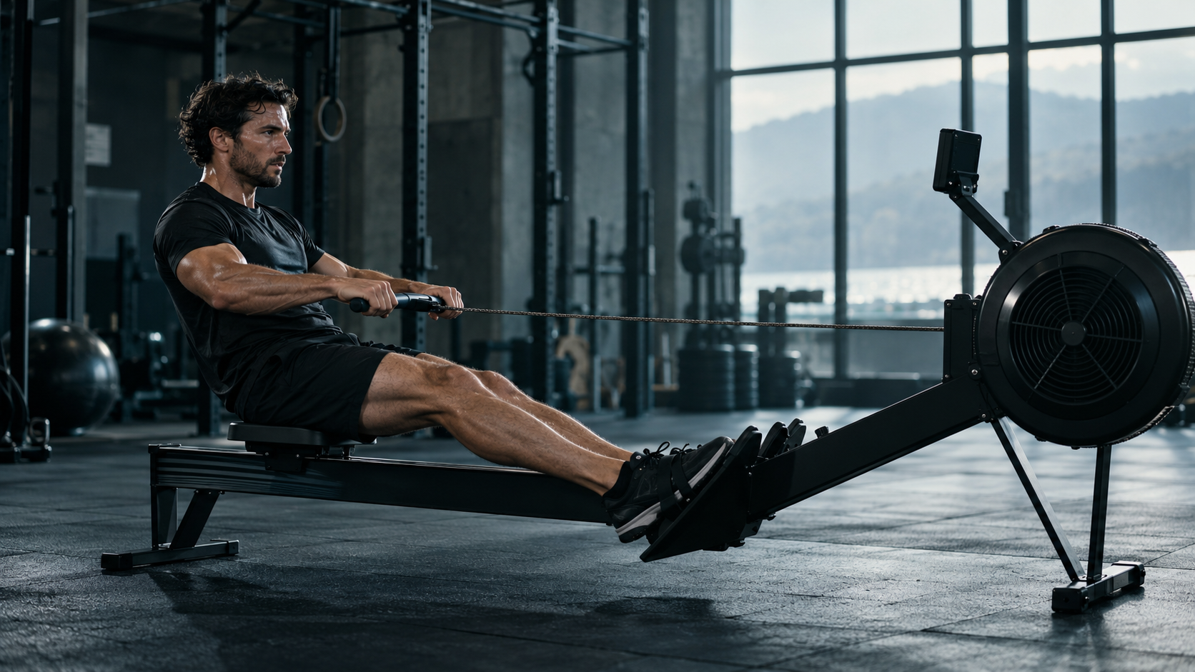 Athlete training endurance on a rowing machine