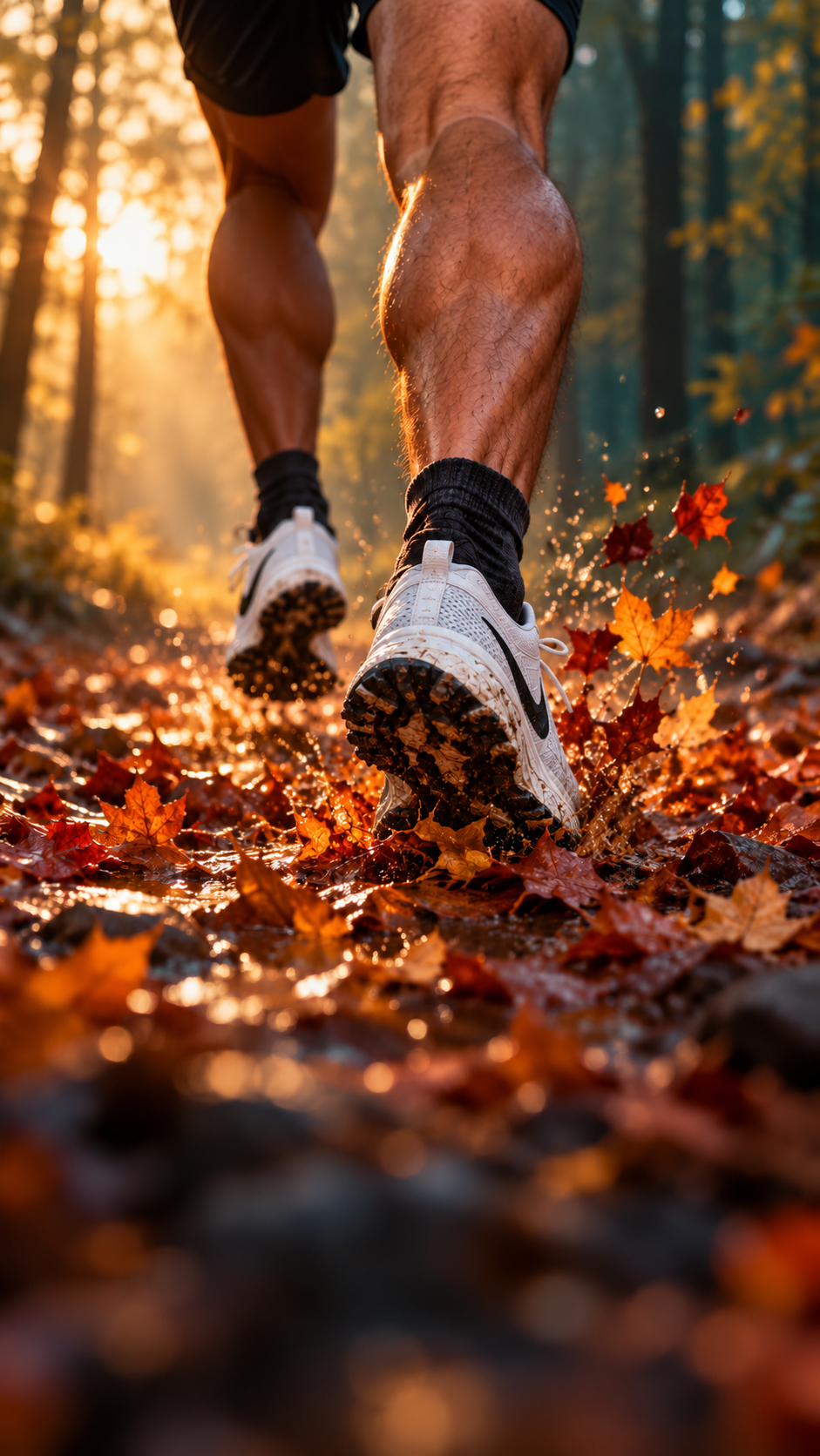 Runner in white trainers on an autumn woodland trail