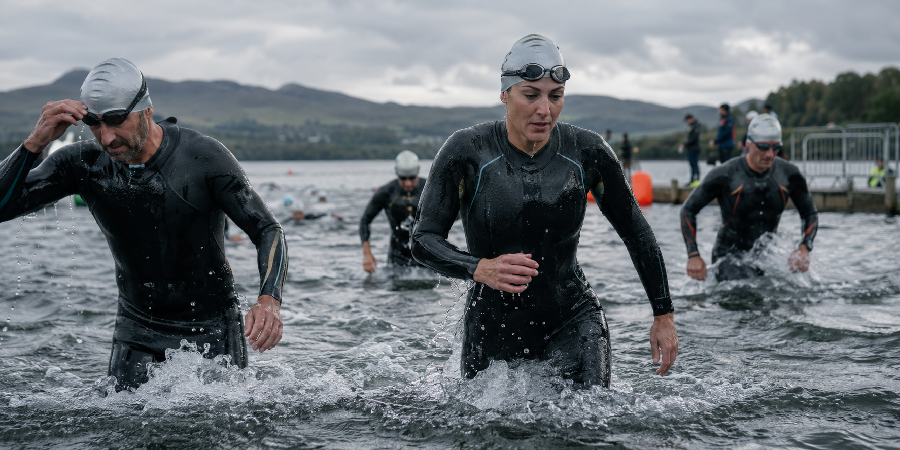 Triathletes emerging from an open water swim