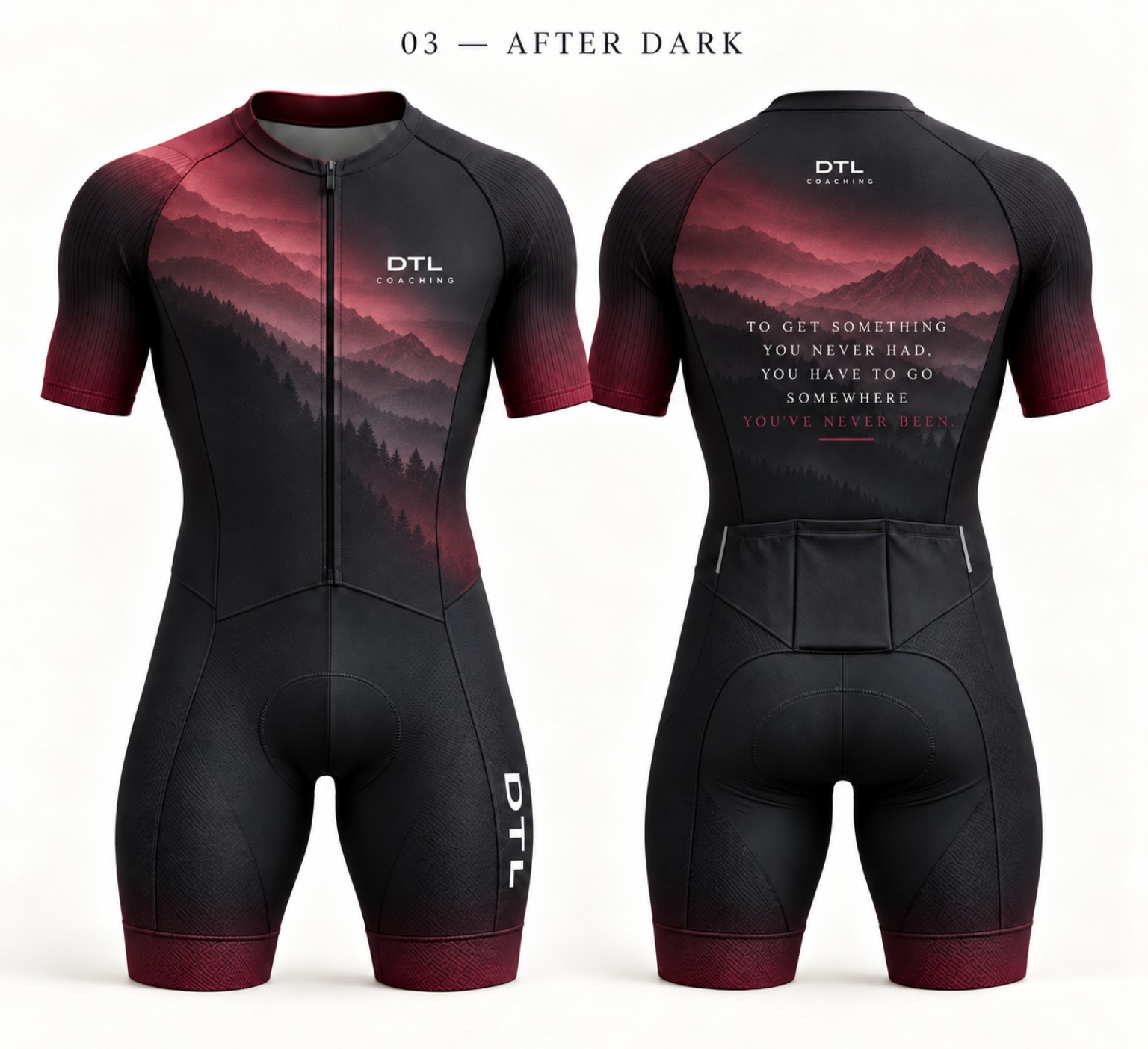 DTL After Dark triathlon suit in burgundy, front and back design mockup