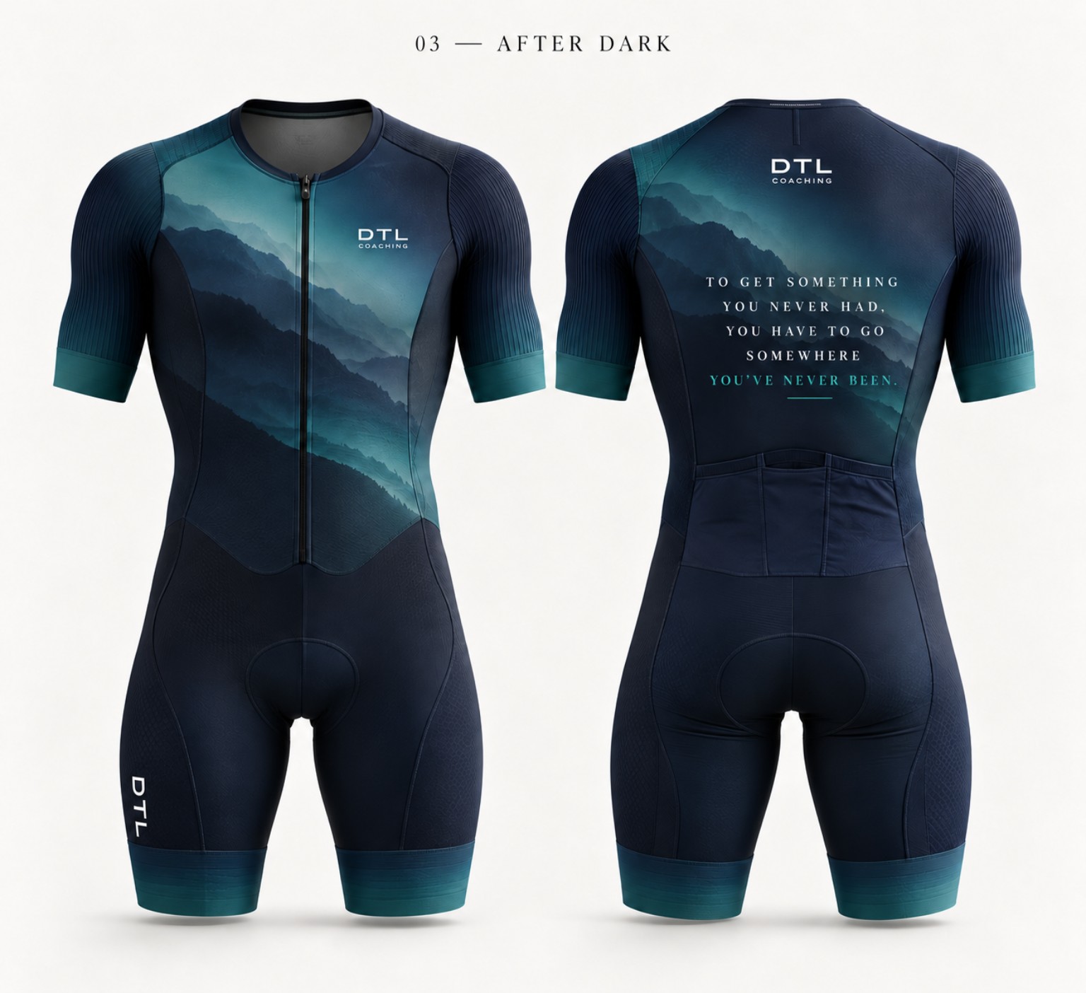 DTL After Dark triathlon suit in teal, front and back design mockup