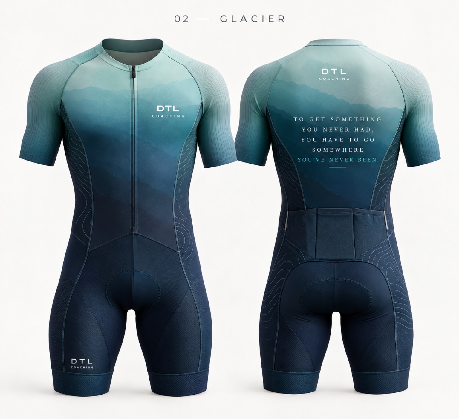DTL Glacier triathlon suit in teal, front and back design mockup